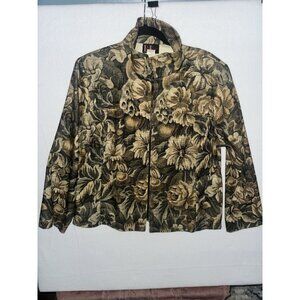 Vintage R & K Tapestry Floral Blazer Jacket Olive Tan Lightwt Zip Couch Sz 14P